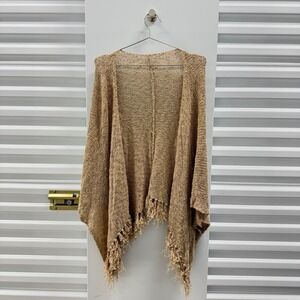Unbranded Tan Open Knit Fringed Poncho Cardigan Wrap One Size Tan Brown Boho